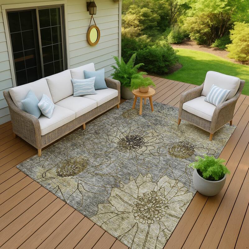 Machine Washable Indoor/ Outdoor Contemporary Floral Chantille Rug - Granite - 3' x 5'