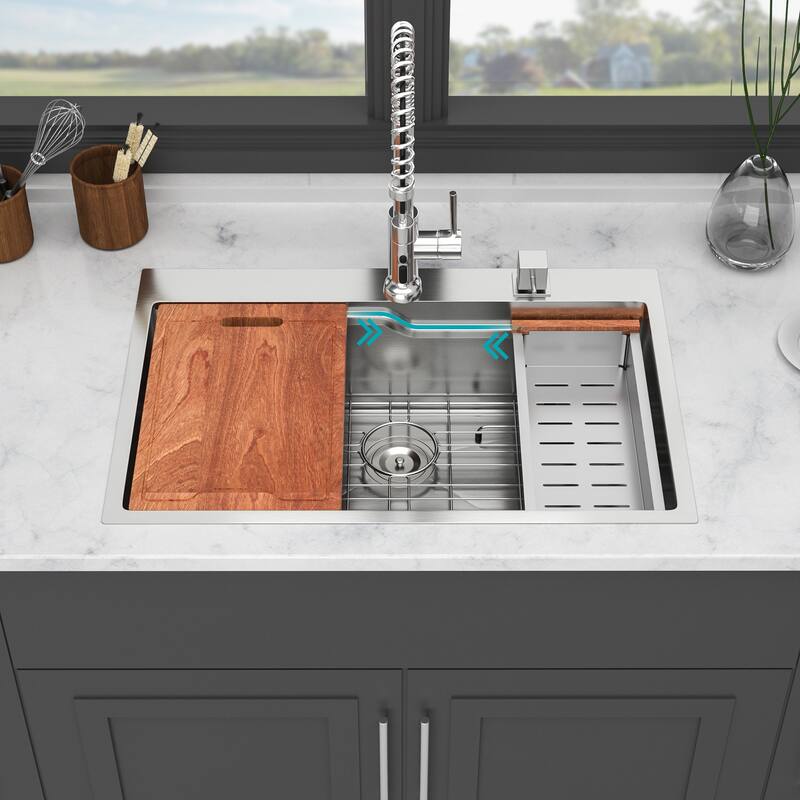 33" Drop in Kitchen Sink Single Bowl 16 Gauge Stainless Steel Ledge Workstation Kitchen Sink