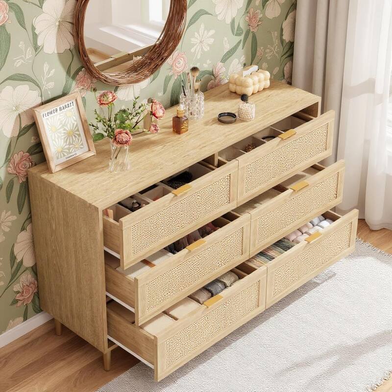 6 Drawers Tall Rattan Dresser, with Metal Legs and Handles
