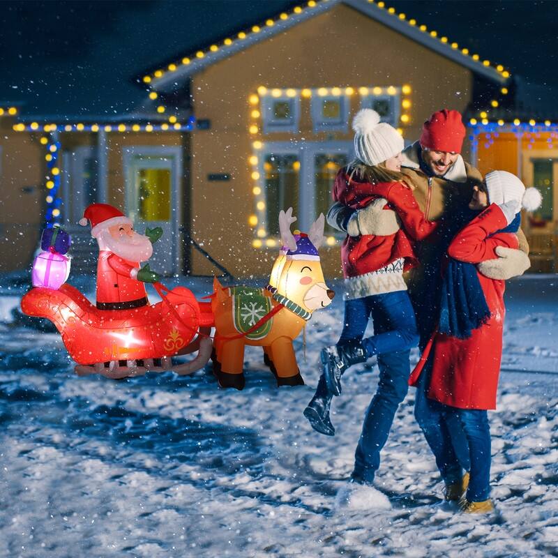Double Deer Cart Santa Model Garden Elk Inflatable Decoration with LED Lights - Orange/Red