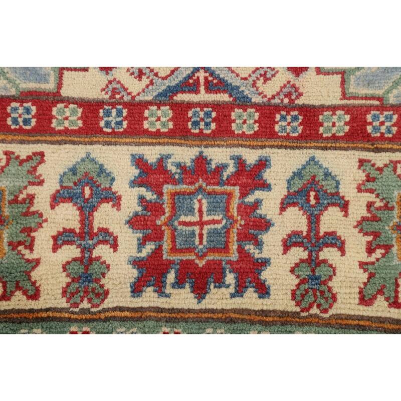 Light Blue Geometric Kazak Rug Living Room Hand-Knotted Wool Carpet - 5'0" x 6'7"
