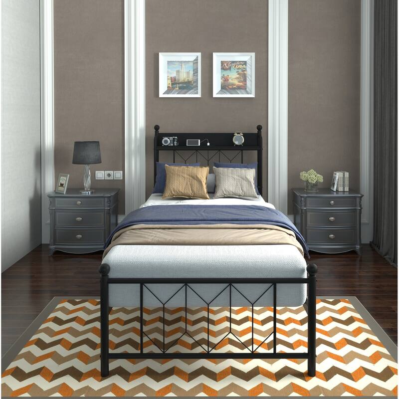 Twin Bed Frames, Headboard and Charging Station & LED Light for Bedroom, Solid and Stable, Noise Free, No Box Spring Needed