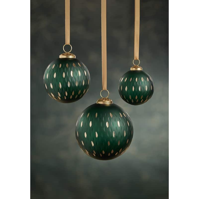 5" Green Frosted & Etched in Gold Glass Ornament 3", Set of 6
