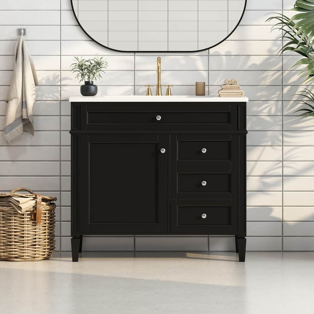 Modern Storage Cabinet Bathroom Vanity with Resin Sink, Tip-out Drawer, 2 Drawers, Side Door Organizer and Adjustable Shelf