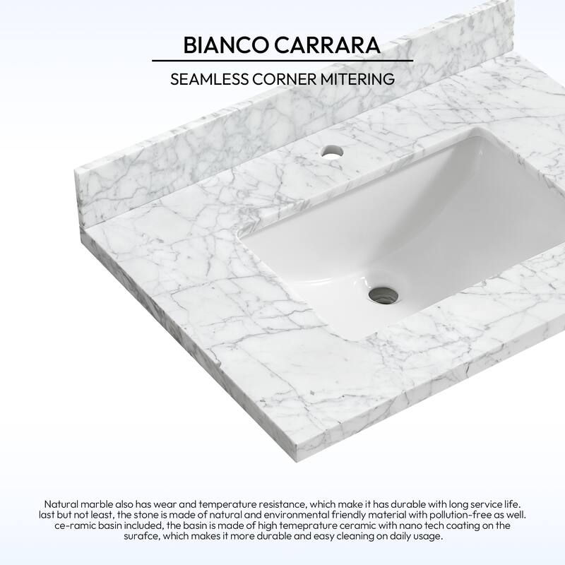 Zevio Natural Marble Vanity Top in Carrara White with Ceramic Sink