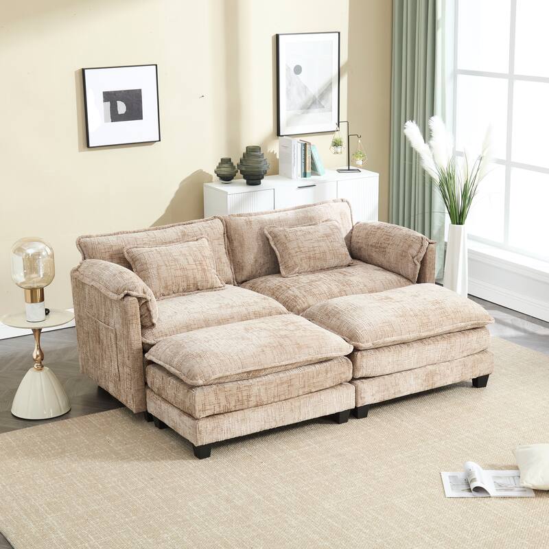 Chenille Fabric Loveseat Sofa Couch with 2 Ottomans and Side Pockets
