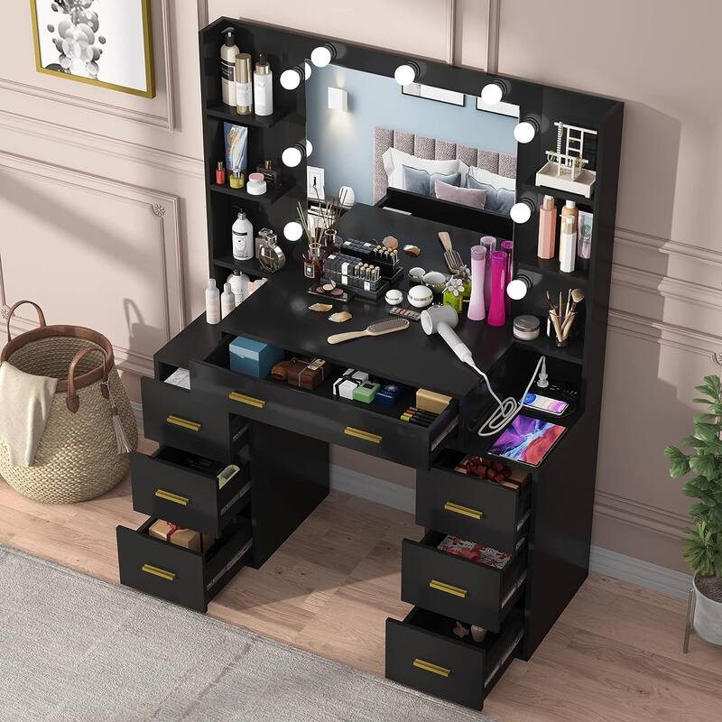 43'' Makeup Vanity with 3 Color Light, Charging Station, Storage Shelves, 7 Drawers