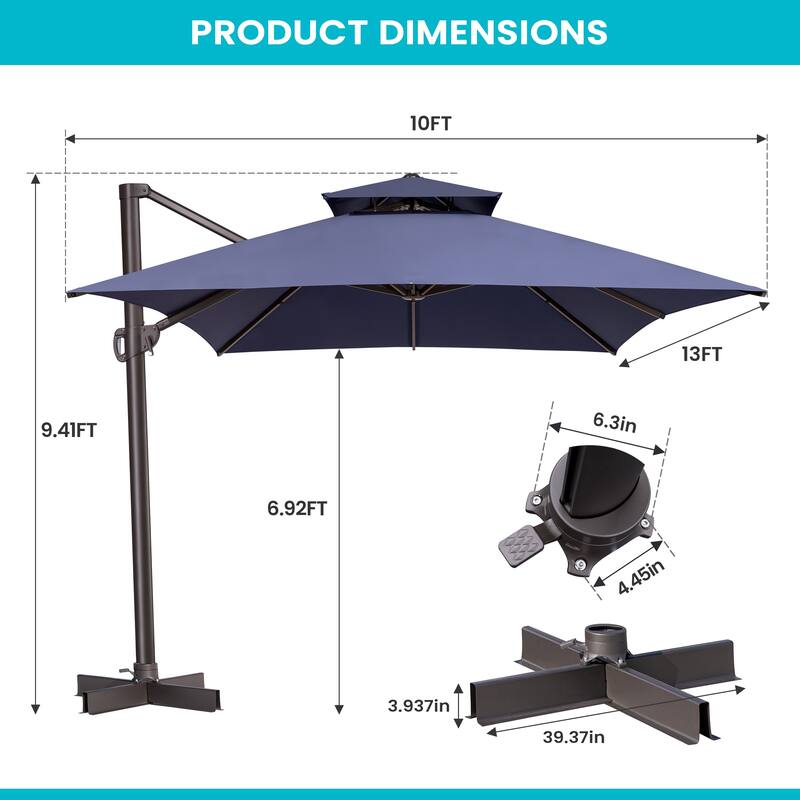 Outdoor 10X13 FT Dual Top Patio Cantilever Umbrella with Rod Base