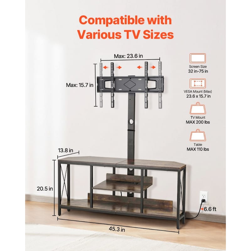 45 Inch TV Stand with Power Outlet, LED Lights, Adjustable Mount and Storage for TV - 45.3 x 13.8 x 20.5 in