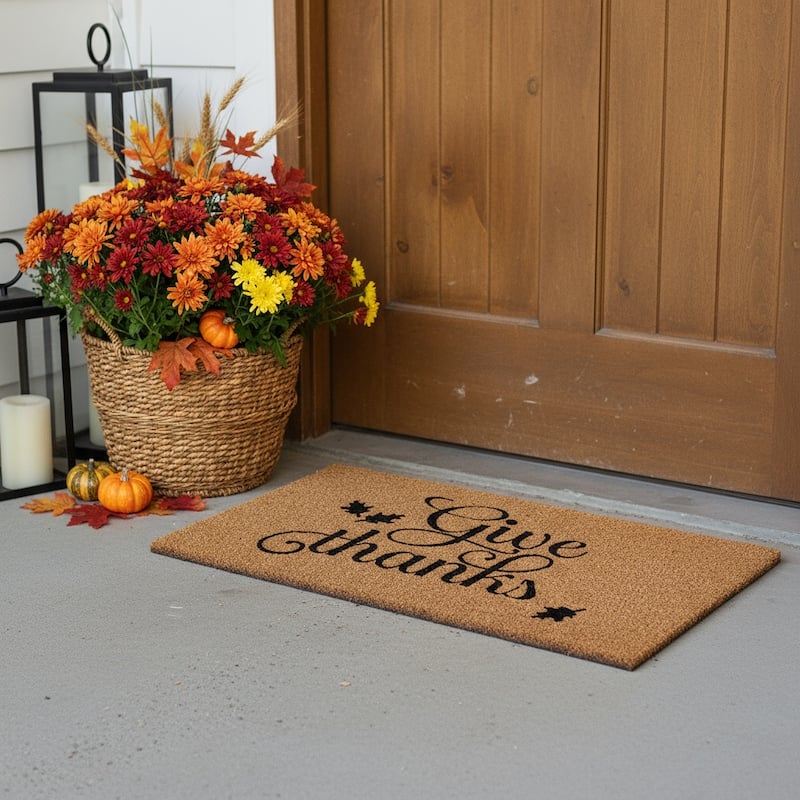 HomeRoots 24" X 36" Natural And Brown Thanksgiving Give Thanks Outdoor Coir Door Mat - 24.00' X '36.00 - 24.00' X '36.00