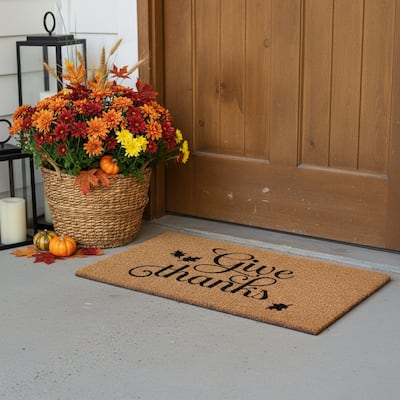 HomeRoots 24" X 36" Natural And Brown Thanksgiving Give Thanks Outdoor Coir Door Mat - 24.00' X '36.00