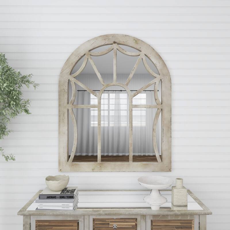 Wood Window Pane Inspired Room Wall Mirror with Arched Top - Cream - Roche River Decor