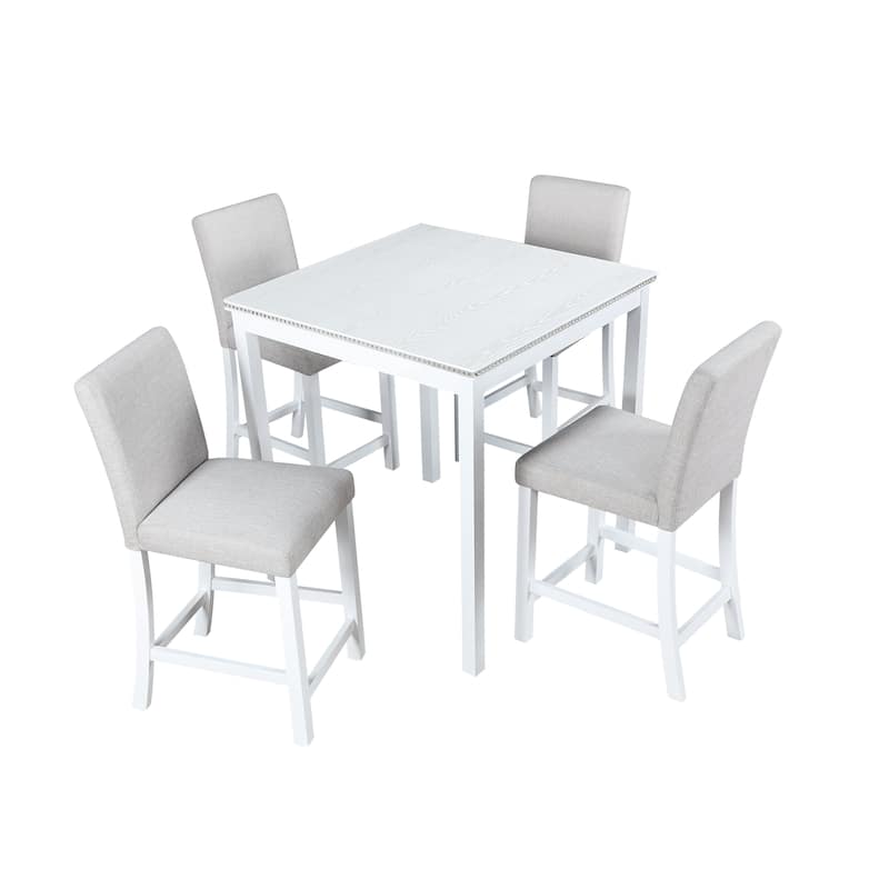 GDFStudio - Hamilton 5-Piece Classic Crystal Design Wooden Counter Height Dining Table Set with 4 Upholstered Chairs