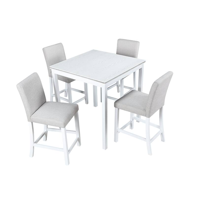 White Counter Height Dining Table with Crystal Decoration, Upholstered Dining Chairs, Wood Table and Chairs Set - Beige White