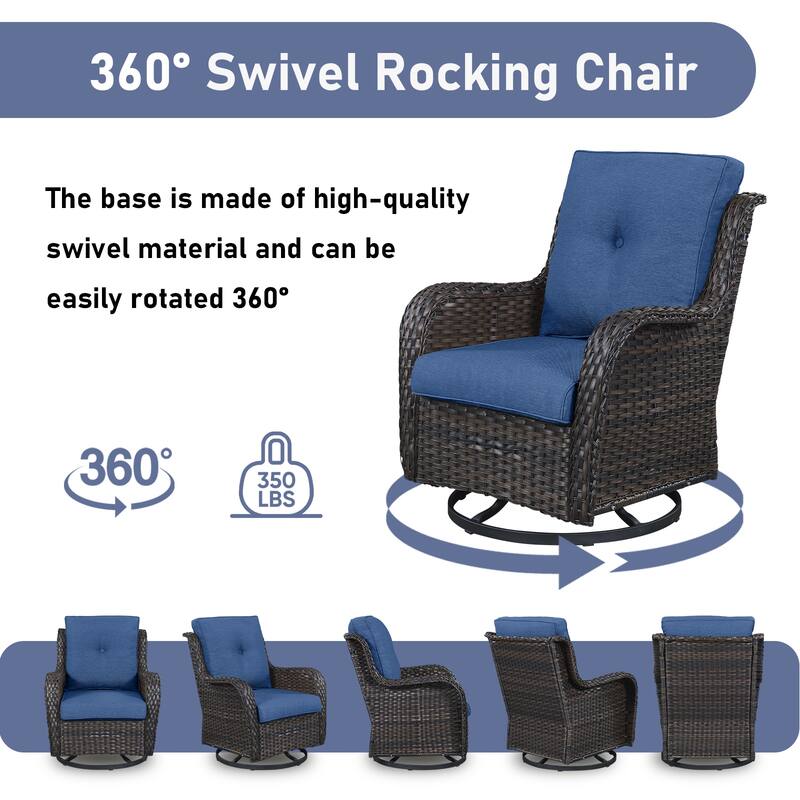 Patio Loveseat Wicker Sofa and Swivel Chair with Table - Blue cushion - Brown