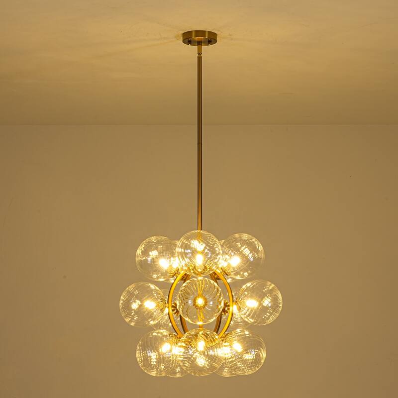 15-Light Brushed Gold Modern Luxury Twisted Glass Globe Iron Chandelier with Adjustable Rod for Living & Dining Rooms