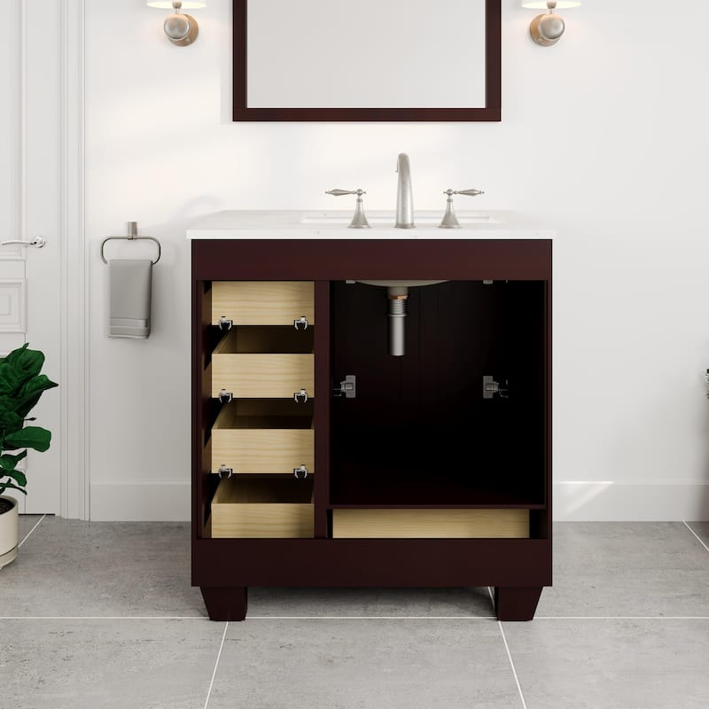 Eviva Acclaim 30"W x 22"D Teak Bathroom Vanity with White Carrara Quartz Vanity Top and Rectangular Undermount Sink