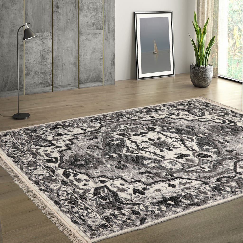 LoomBloom White Traditional Kilim Wool Hand Woven Oriental Area Rug - 5' 3'' x 7' 7''