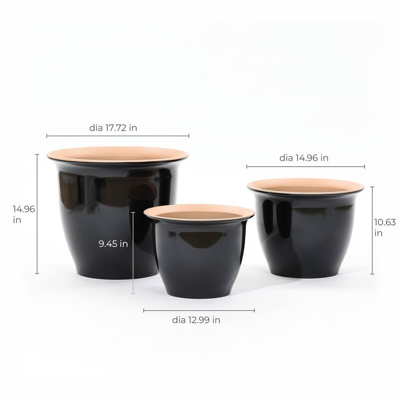 3-Piece Ebony Black Round Recyled Plastic Planter Set
