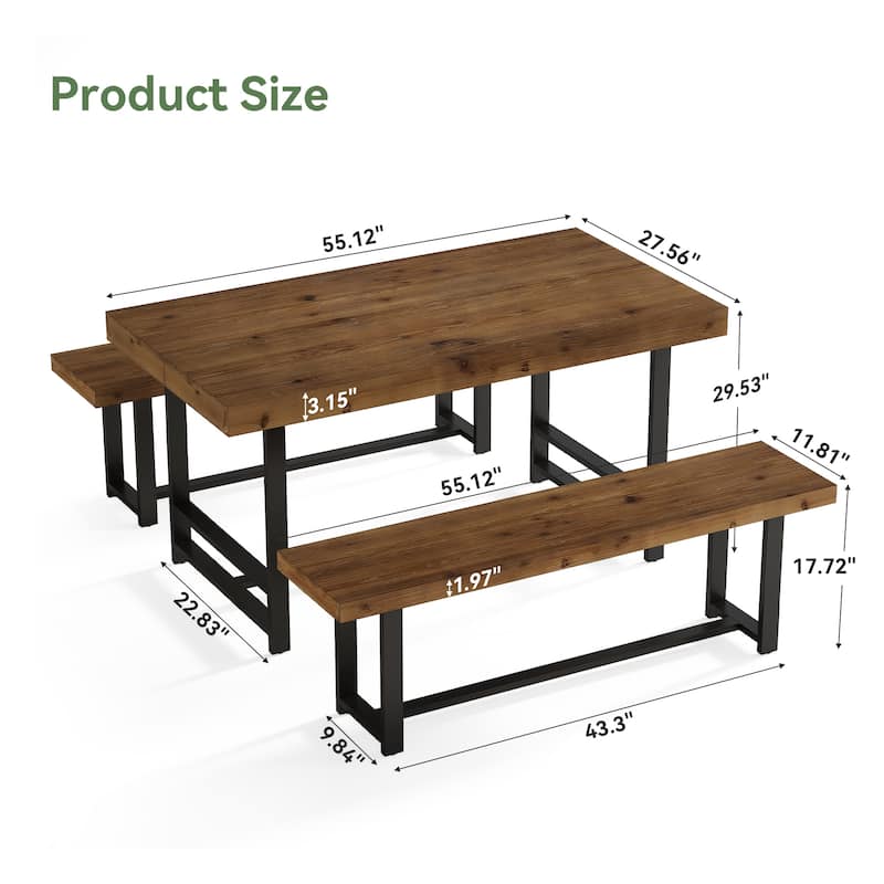 Rustic Rectangular Dining Table Set for 4 with 2 Chairs, Brown - N/A