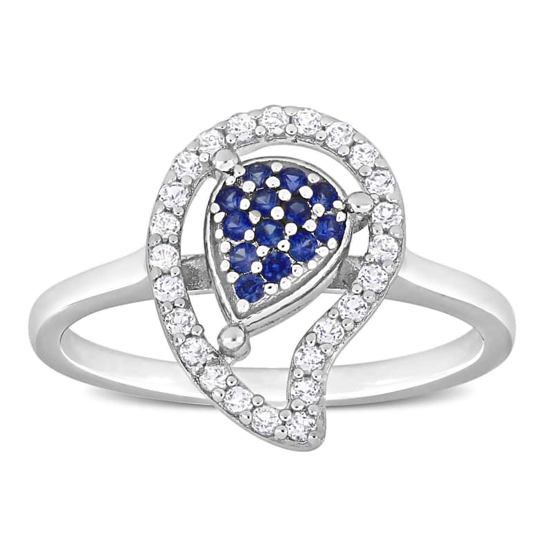 Miadora White Topaz and Created Blue Sapphire Halo Teardrop Ring in Sterling Silver