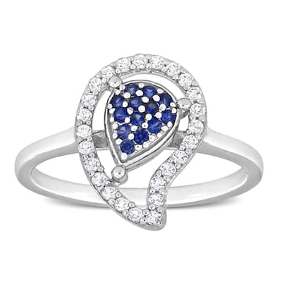 Miadora White Topaz and Created Blue Sapphire Halo Teardrop Ring in Sterling Silver