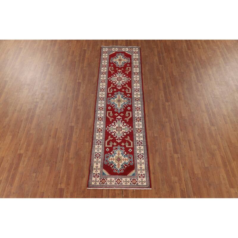 Red Geometric Kazak Runner Rug Handmade Oriental Wool Carpet - 2'9" x 10'1"
