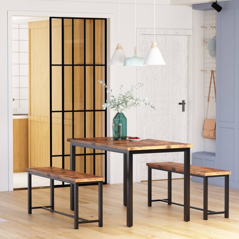 Dining Table Set with Two Benches, Kitchen Table Set for 4 Persons