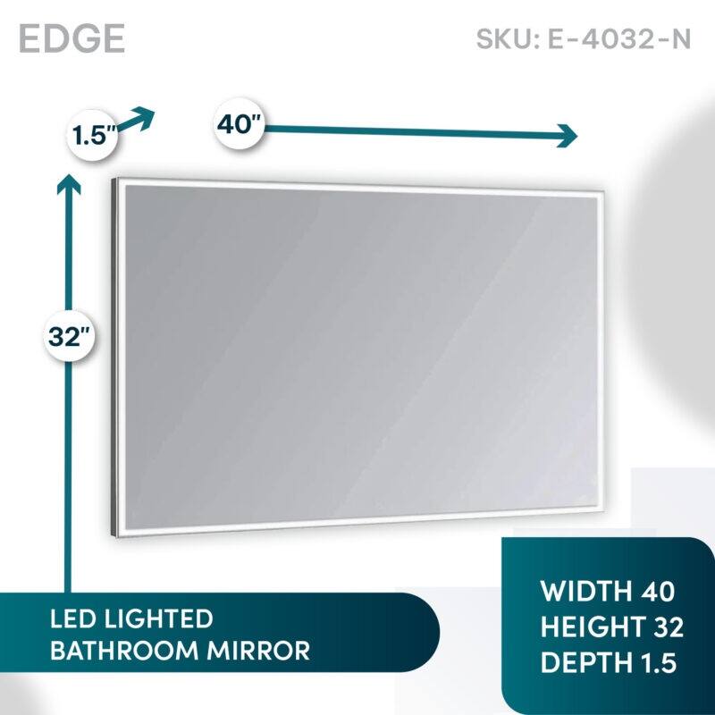 AQUADOM Edge 40" Led Lighted Mirror for Bathroom with Defogger, Touch Control. - 40"x32"x1.5"