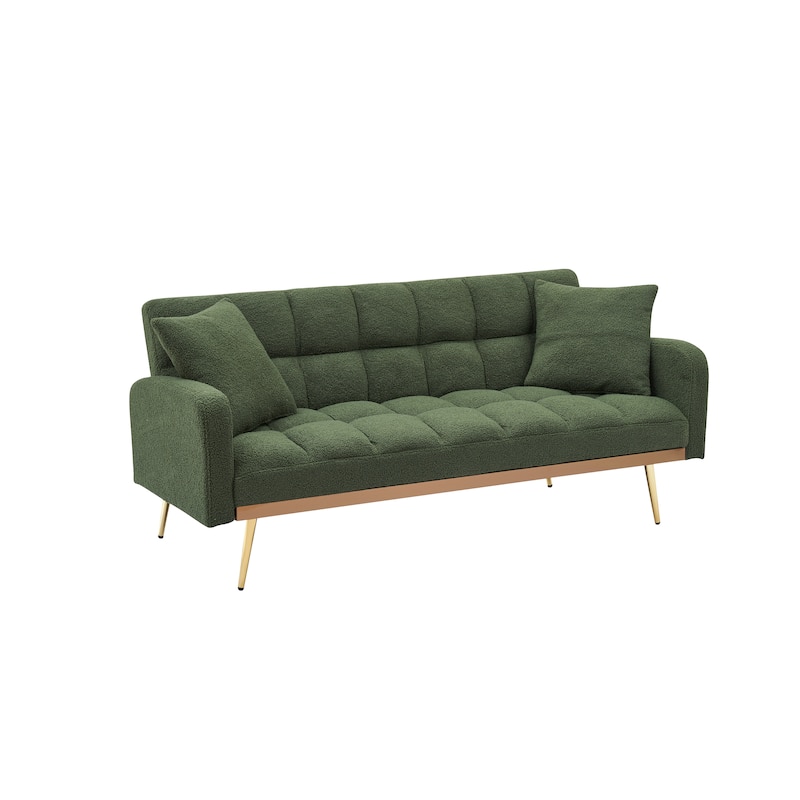 Futon Sleeper Sofa Bed Teddy Fabric Lounge Couch with 3 Speed Adjustable Back, Removable Armrest and Pillows for Small Space