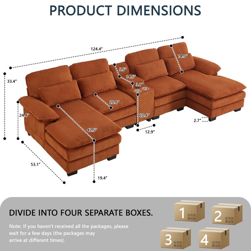 124" Modern Modular Sofa with Double Recliner and USB Port with Center Console