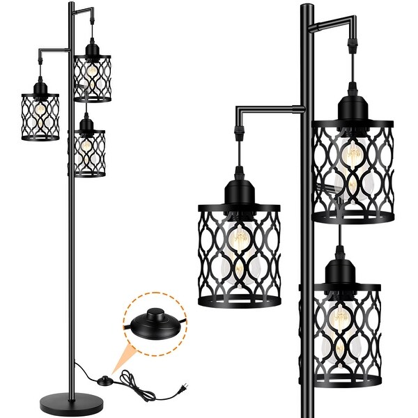 Industrial Floor Lamp Metal Farmhouse Floor Lamp for Living Room Rustic Standing Tall Lamp with 3 Elegant Cage Heads Black
