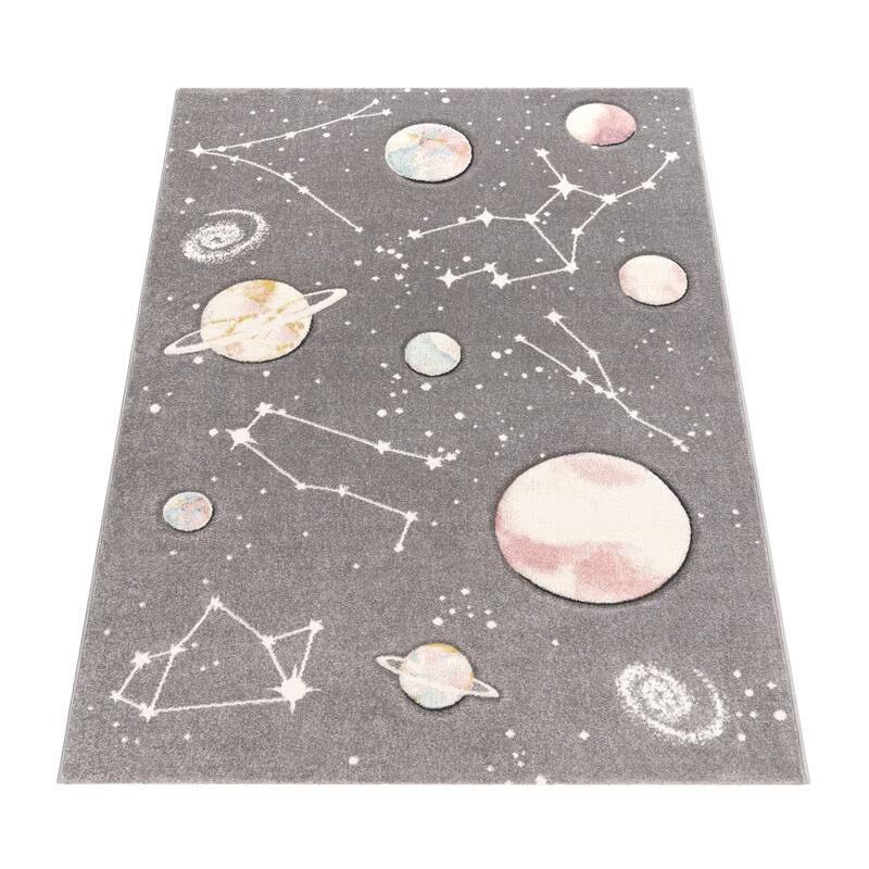Space Rug for Kids Colorful Galaxy with Planets and Stars in Grey