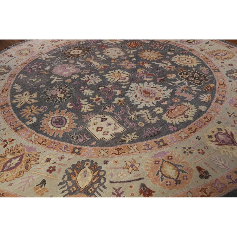 Vegetable Dye Floral Oushak Large Round Rug Handmade Wool Carpet - 11'8" x 11'7" - 11'8" x 11'7" - Blue
