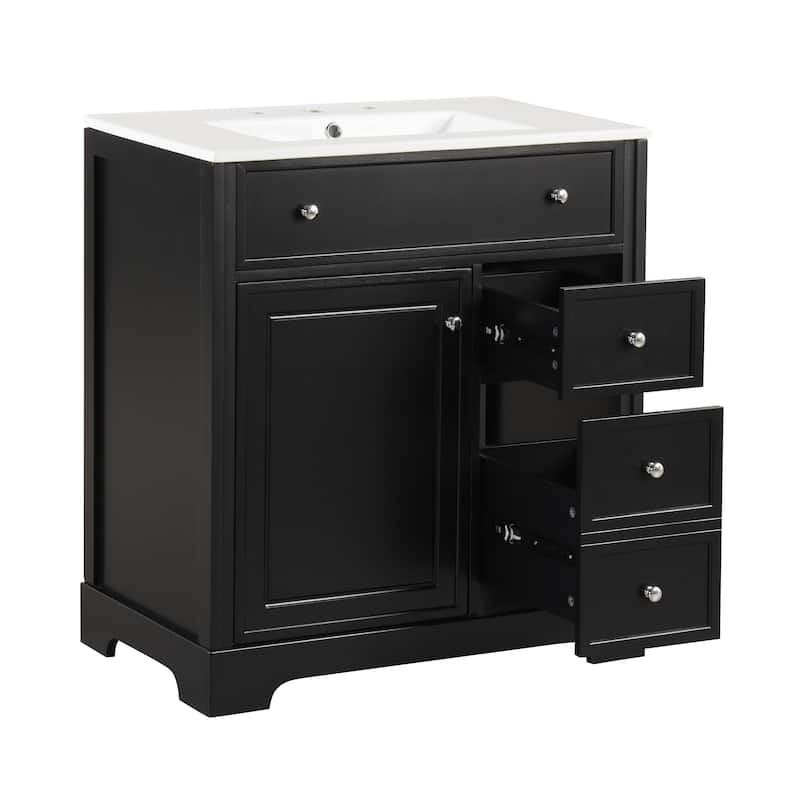 Modern 30-Inch Bathroom Vanity Cabinet with Ceramic Sink, 2 Drawers, and Door Shelf, White
