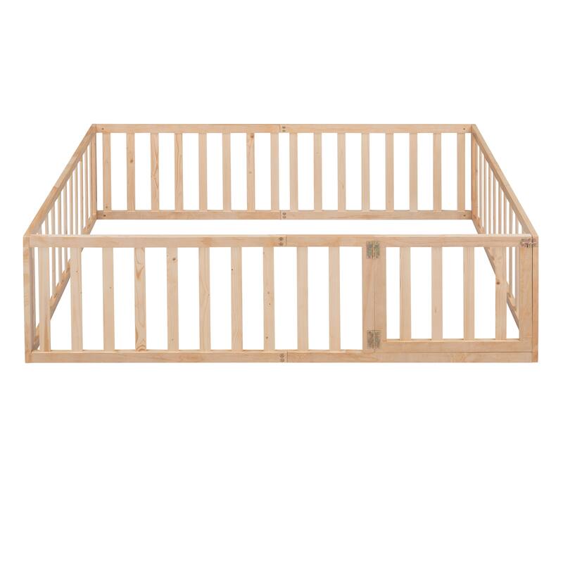 Full Size Wood Floor Bed Frame with Fence and Door, Sturdy and Durable