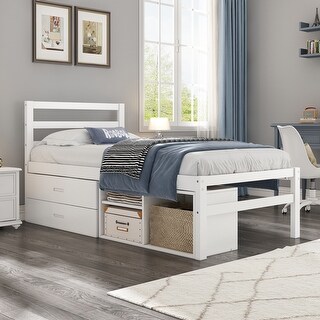 Wooden Platform Bed Frame with Removable Storage Shelves, Built-in Two Storage Drawers and Headboard for Kids, Teens