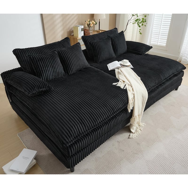 Harmonia 109" W Oversized Corduroy Sofa Bed, Deep Seat Double Lounge Chaise with 4 Pillows - Black