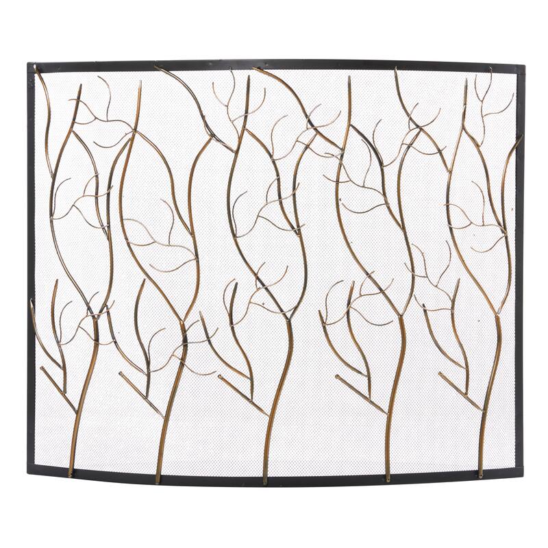 Metal Tree Branch Single Panel Fireplace Screen with Mesh Netting - Brass or Gold - Roche River Decor - 39"W, 33"H