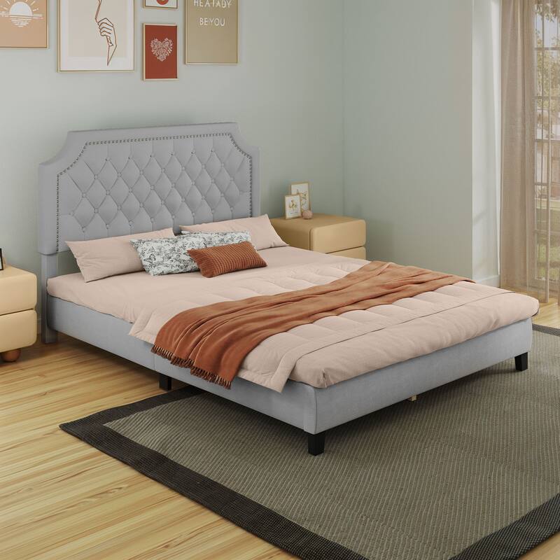 Moasis Upholstered Tufted Bed Frame with Adjustable Height Headboard - Velvet Grey - Queen
