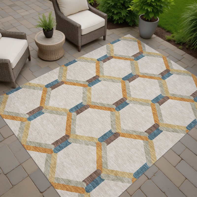 Machine Washable Indoor/ Outdoor Modern Trellis Chantille Rug - Beige - 8' x 10'
