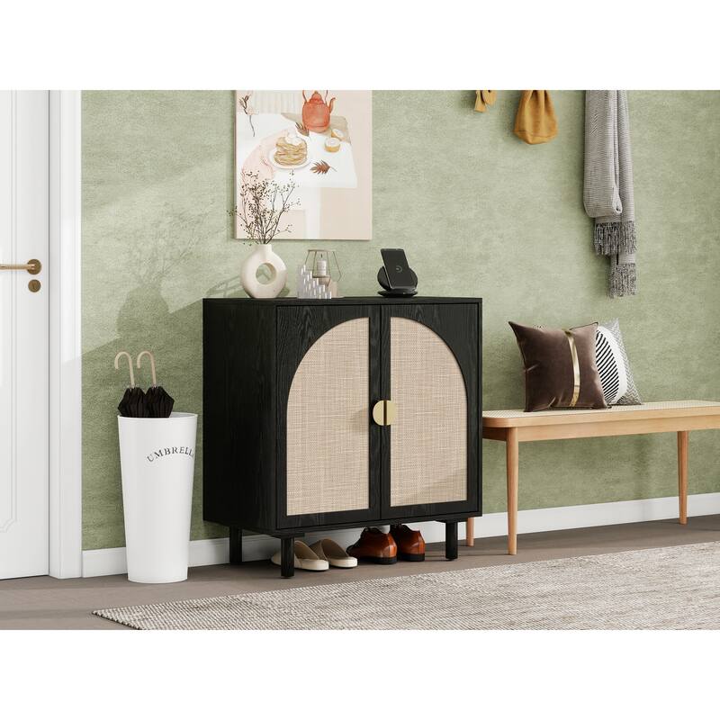 Roomfitters Modern 2 Door Accent Cabinet with Rattan Doors, Storage Sideboard for Living Room, Bedroom, Study, Black