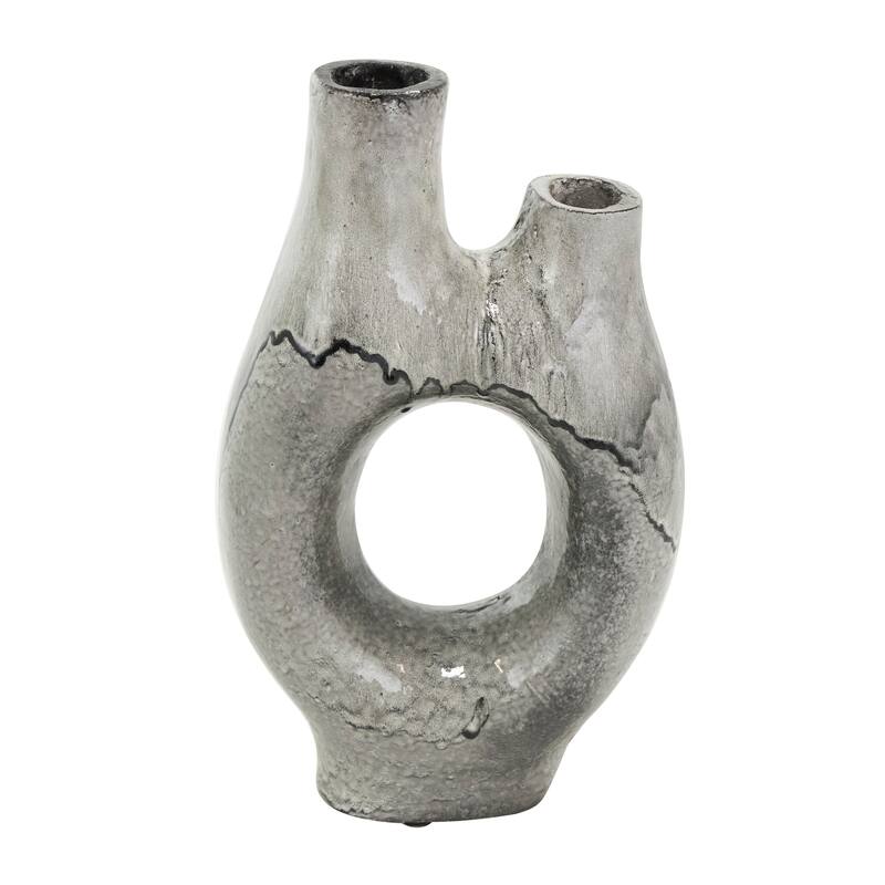 Gray Paper Mache Abstract Circular Vase with Dual Openings