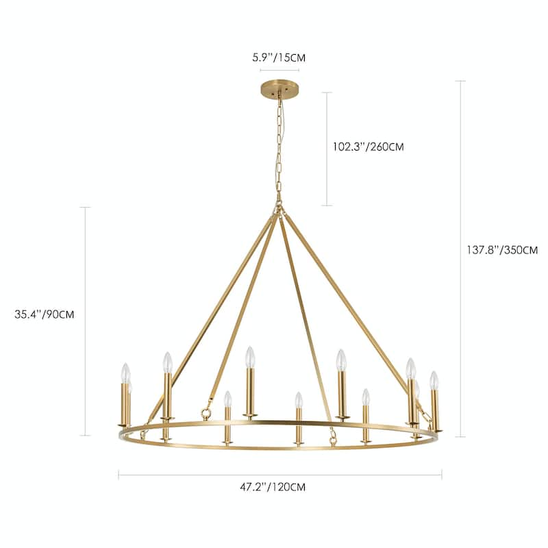 12-Light Modern Industrial Gold Candle Style Hanging Light Large Round Wagon Wheel Chandelier for Living/Dining Room