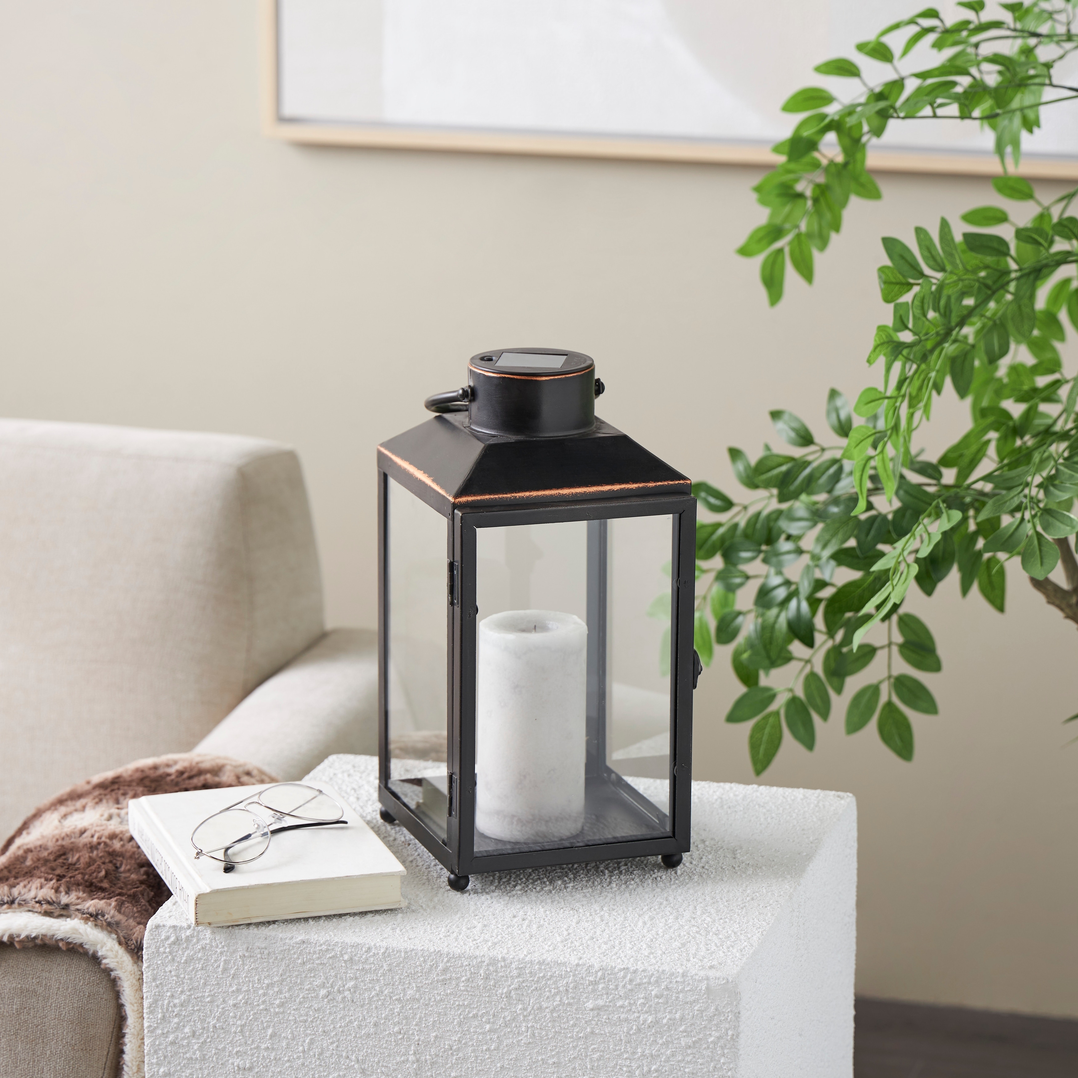 Black Metal Modern Indoor Outdoor Candle Lantern with Gold Accents