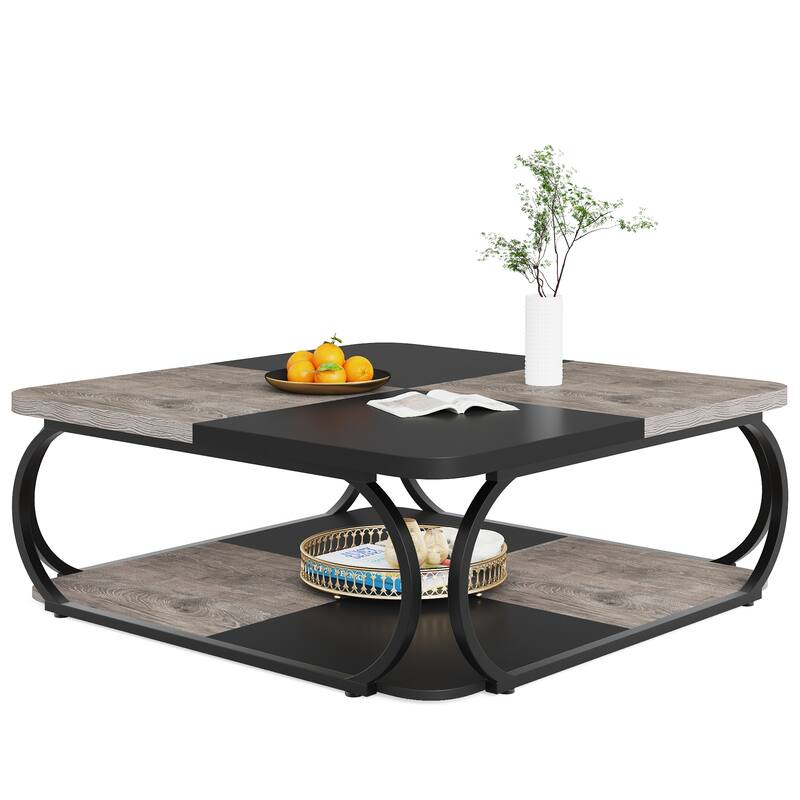 2-tier Square Coffee Table with Curved Metal Frame for Living Room