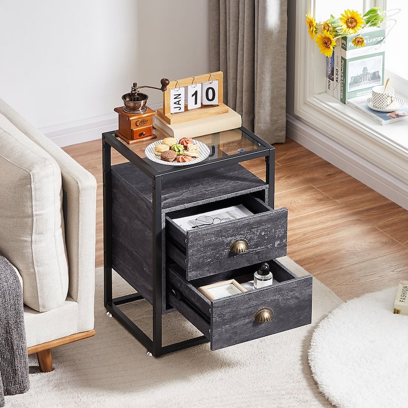 Javlergo Tempered Glass Top Nightstand with 2-Drawer and Open Shelf