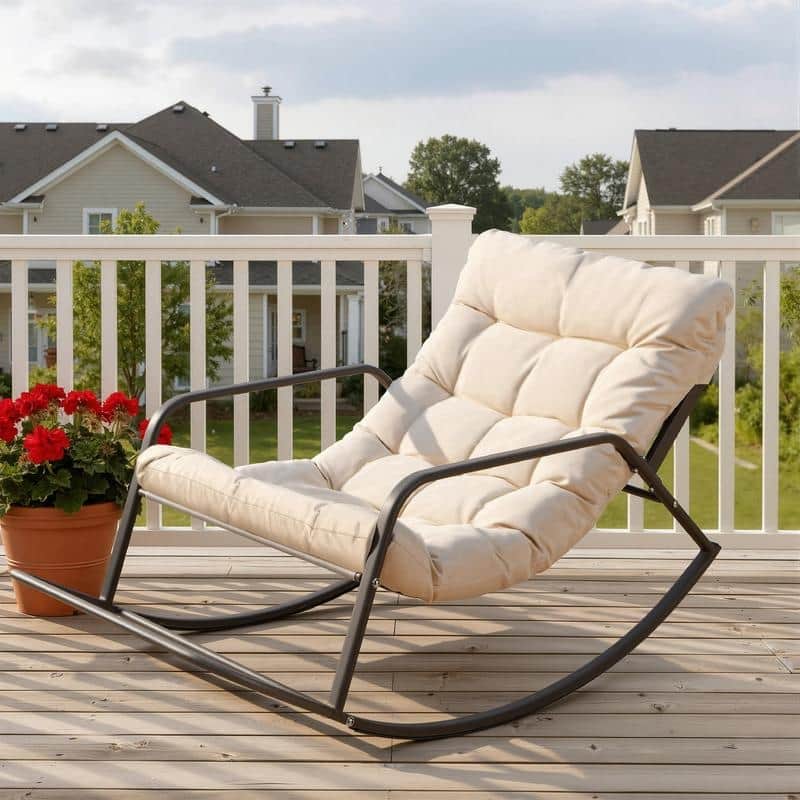 Oversized Outdoor Papasan Rocking Lounge Chair with Thick Cushion, Heavy-Duty Metal Patio Rocker Recliner, 450 lbs Capacity