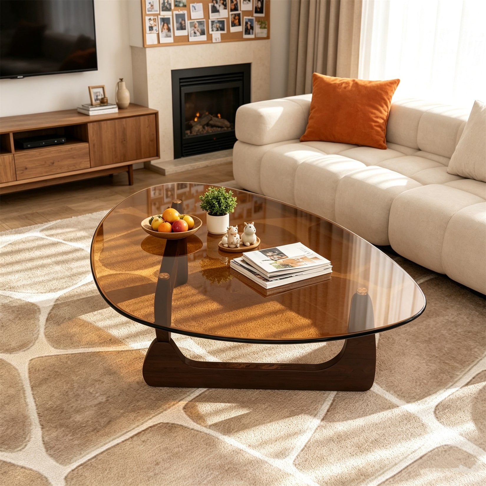 Triangular Center Coffee Table Side End Table with Tempered Amber-Tinted Glass Top