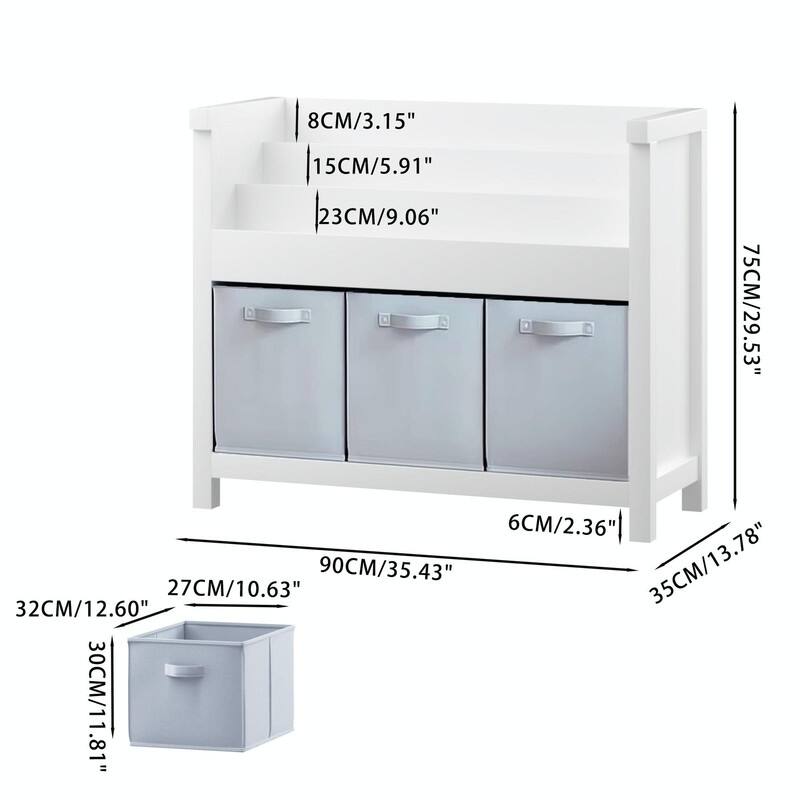 Kids 3-Tier Front-Facing Bookshelf with 3 Fabric Bins - Wooden Toddler Bookcase